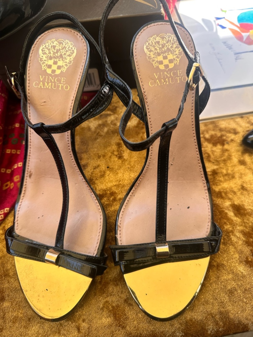 Vince Camuto Black Patent T-Strap Sandals with Gold Toe